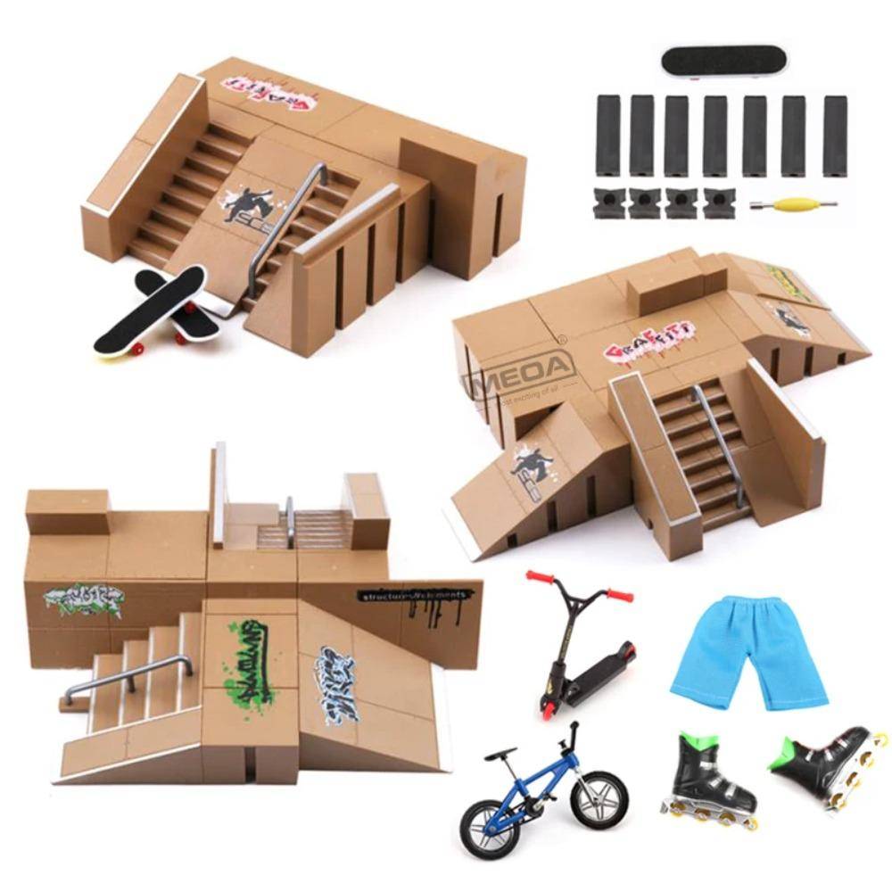 Finger Skateboard Skatepark DIY Mini Park Ramp for Tech Practice Deck Platform Stunt Finger Skateboard Ramp Set with BMX Bike beige