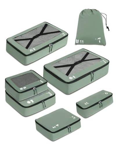 ECOHUB 7 Teilig Koffer Organizer Set, Packing Cubes mit Reißverschluss, Recyceltes PET Packwürfel Set, Packtaschen für Koffer, Organizer Koffer für Urlaub und Reisen, Reise Organizer Set (Grün)