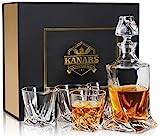 KANARS Whiskyglas och Whiskykaraff set, 800 ml Blyfri Kristall Whiskykaraff med 4 Whisky Glas 300 ml för Cocktail, Bourbon, Tequila, Cognac, Martini, Set med 5, Unik Snygg Presentask
