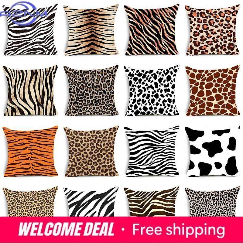 Djurtryck Kuddfodral Leopard Tiger Zebra Cow Snake Kuddfodral för hemsoffa Stol Dekorativa örngott beige