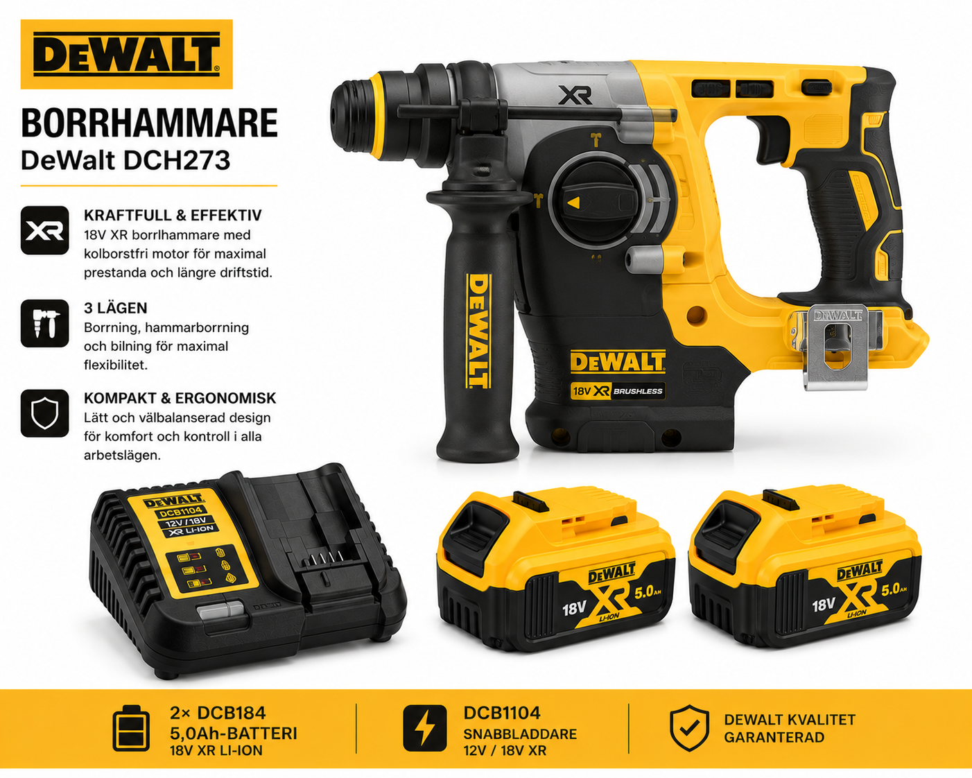DeWalt Startpaket Borrhammare SDS+ DCH273 + 2×5,0Ah + Laddare