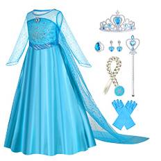 Gridamea Elsa Klä upp för flickor-Frysta 2 Prinsessa Kostym för barn med krona, stav, flätor, ringar, örhängen, handskar för fest/Cosplay/bröllop