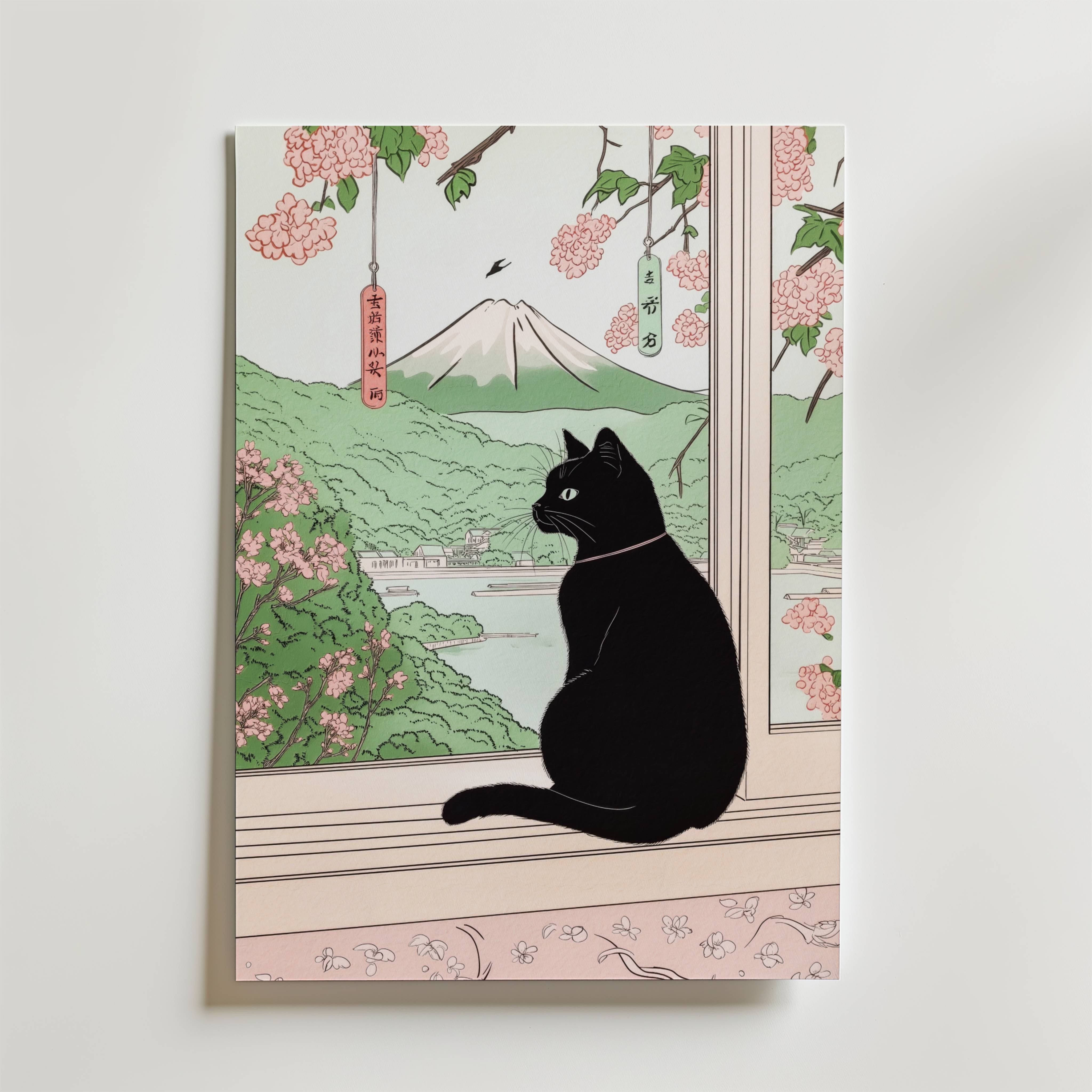 Sakura Window Cat Poster - Fine Art Poster 21x30 cm