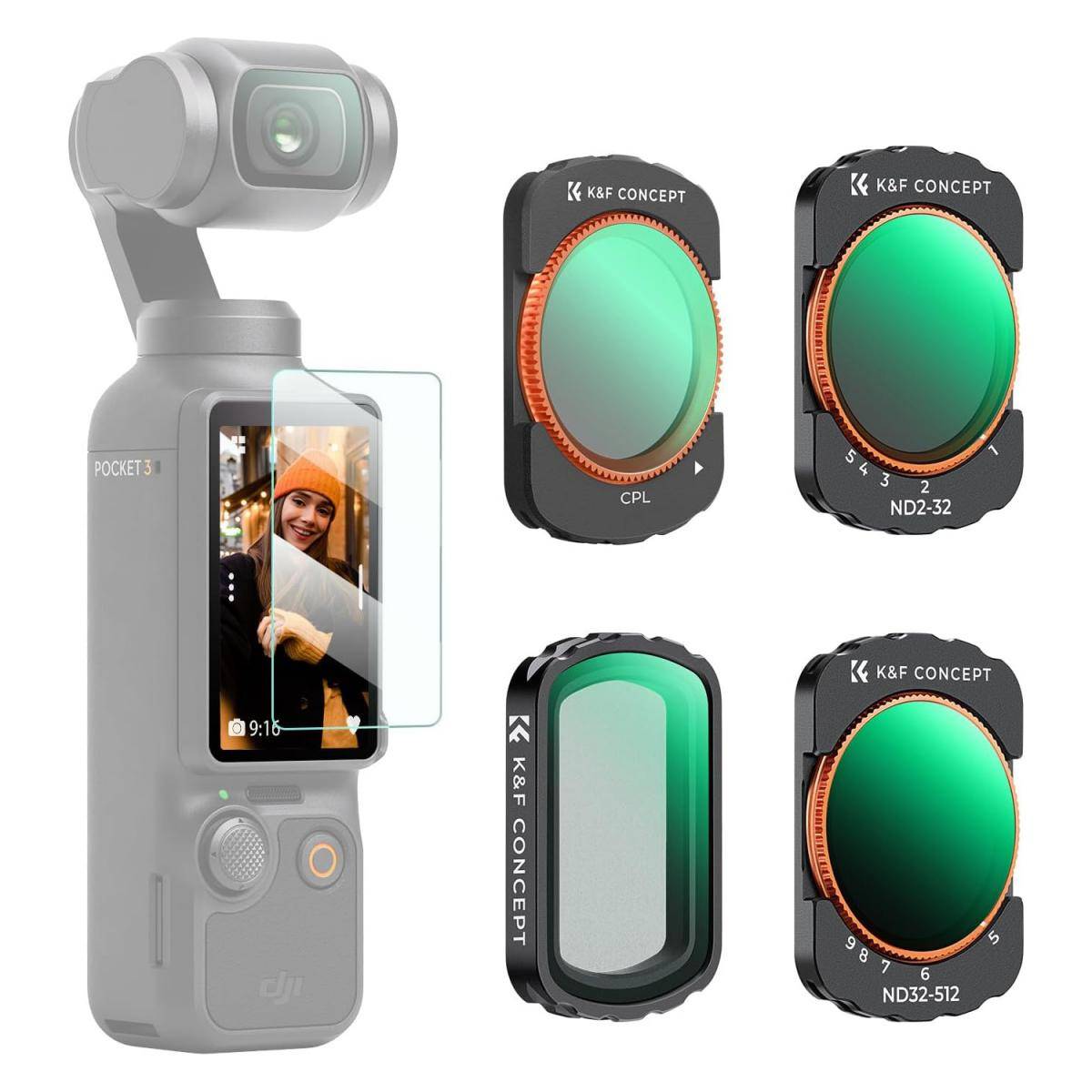 KENTFAITH K&F Concept Magnetic Variable ND&CPL& Black Diffusion 1/4 Filter Set for DJI Osmo Pocket 3 / DJI Osmo Pocket 4 Creator Combo Accessories - 4 Pack CPL Black Diffusion 1/4 ND2-32(1-5 Stop) ND32-512(5-9 Stop) Filters
