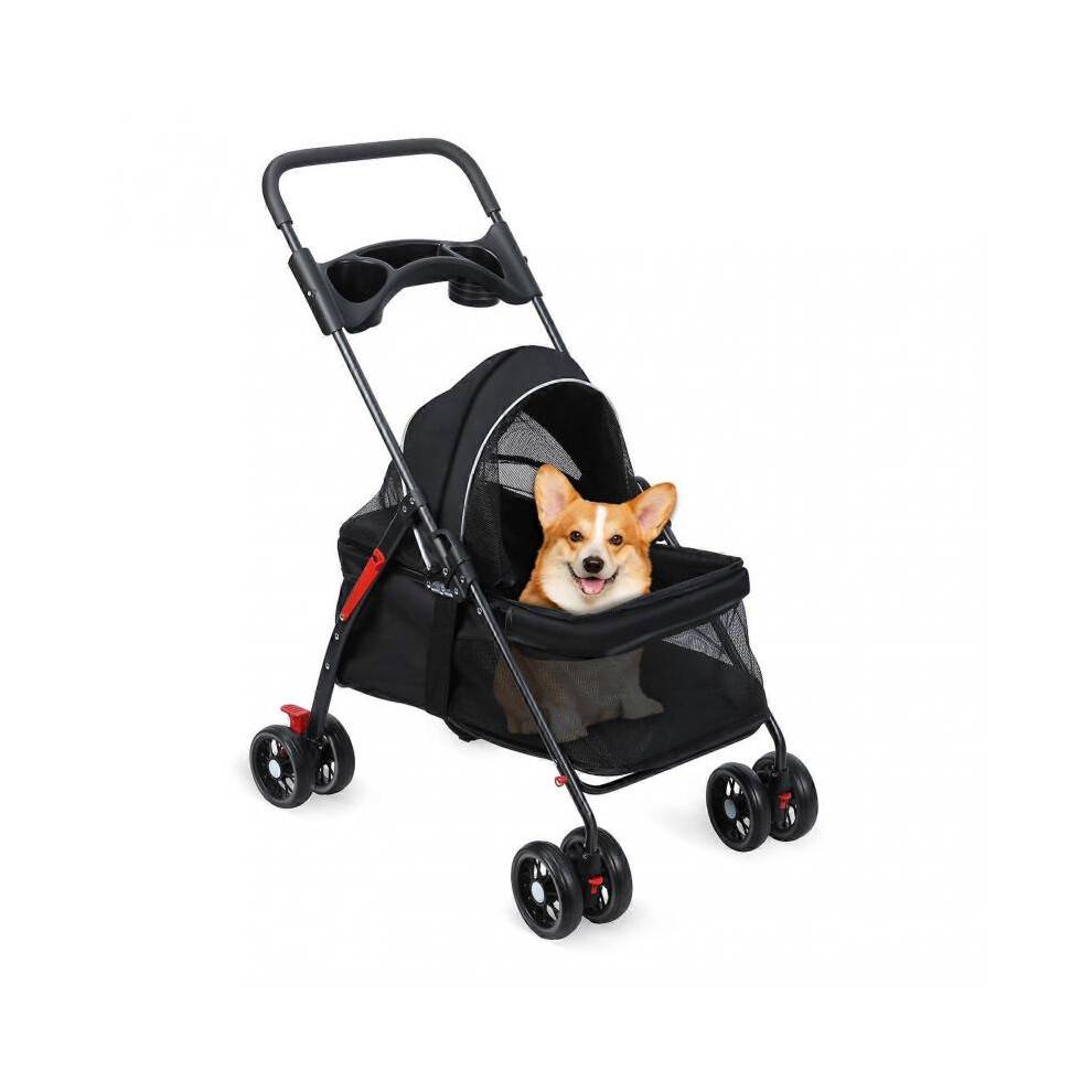4 Wheels Dog Stroller, Outdoor Travel Pet Folding Stroller, Dog Cat Cage Strollers with Cup Holder, Breathable and Visible Mesh for Medium Small Dogs