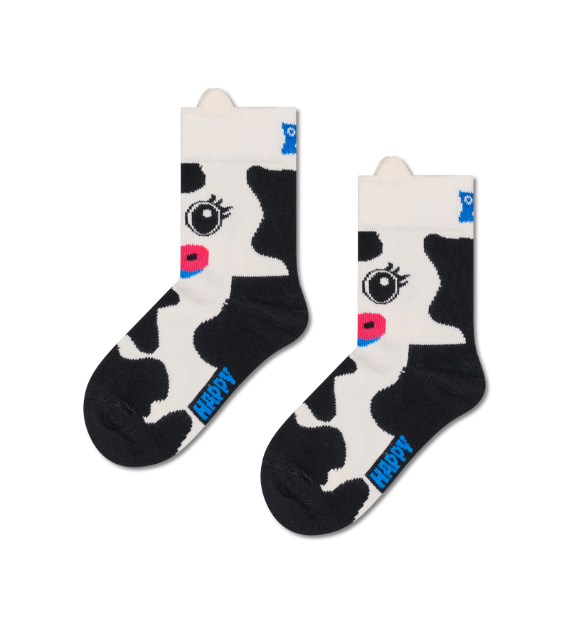 Cute Cow Print Kids Socks | Fun Animal Socks - Black, White, Dark Pink, Blue (7-9 Years)
