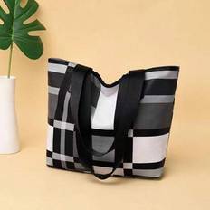 Canvas Denim Print Tote Bag Multi-Pocket Shoulder Handbag Women's Fashion Denim Backpack Plaid - Black