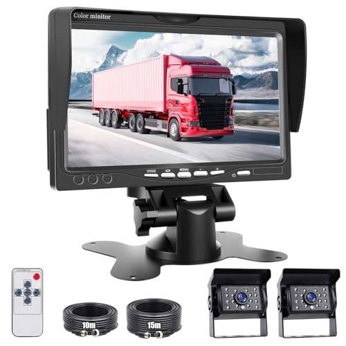 Hikity Bakåtvänd displayskärm med två bakre kameror, 7 tums LCD-skärm, vattentät, mörkerseende, säkerhetskamera set med 15 M/10 m kabel för bil lastbil husbil släpvagn