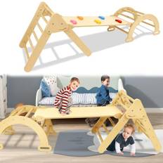 Aufun Klätterställning inomhus ribbstol 3-i-1, trä och småbarn, klätterställning set, barn pickler triangel, babyrutschkana och klätterställning inomhus, lekutrustning för småbarn från 2–8 år
