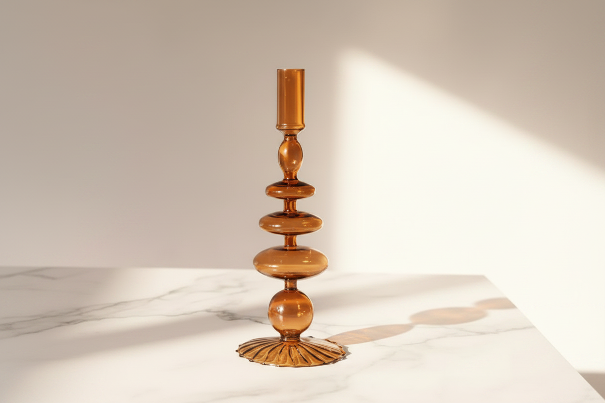 Glass Candlestick Holder - E Style / Brown