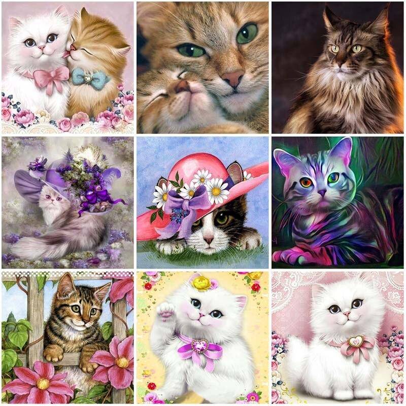 Katt DIY 5D diamantmålning hel rund borrkorsstygn Strass diamantbroderi Djurmosaik Väggkonst Heminredning