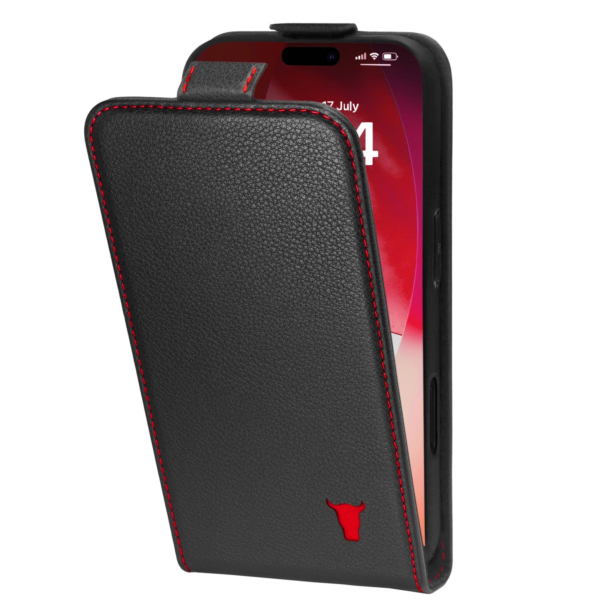 iPhone 17 Pro Max Leather Flip Case (MagSafe Charging) - Black with Red Detail