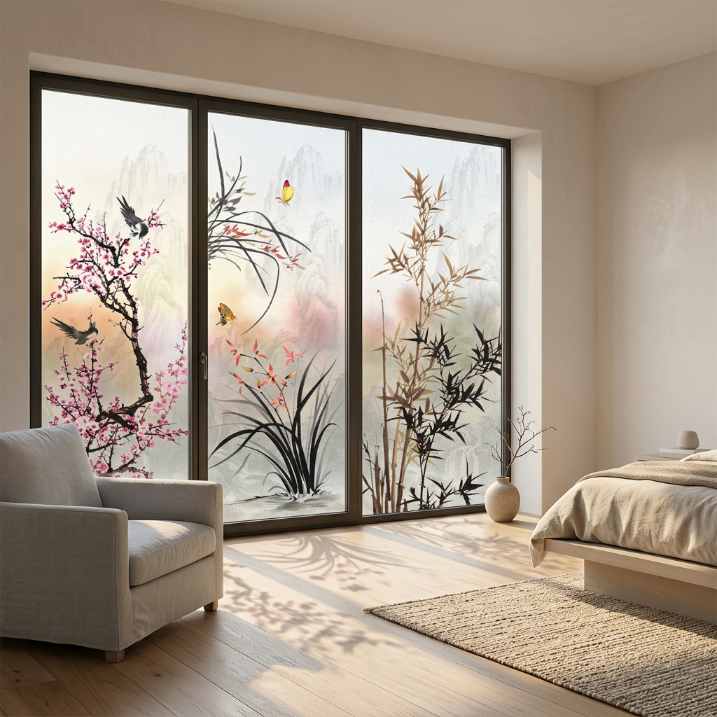 Fönsterfilm – Asiatisk naturmålning med fåglar & blommor - A / 40x60cm