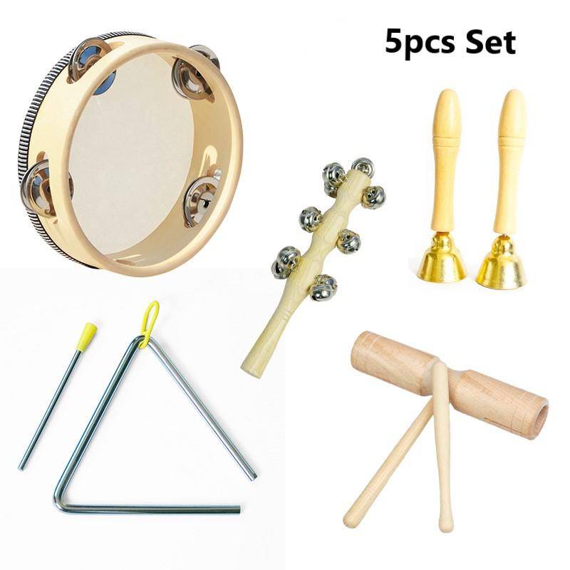 Småbarnsmusikleksaksset Castanet Sand Hammer Tambourine Triangel Double Ringer Orff Slagverksinstrument Set Montessori-leksaker