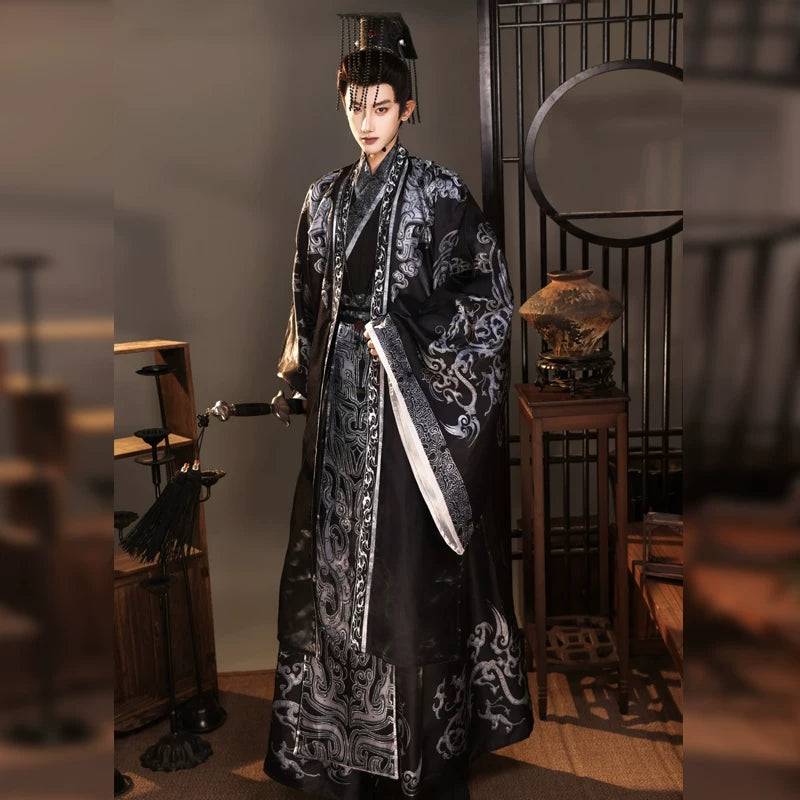 Qin-Inspired Emperor Hanfu Robe Costume | Sets & Crown Options - Black & Silver Set - No Crown / XL (XL)