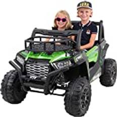 Actionbikes Motors elektrisk bil för barn Jeep UTV Explorer – 2 x 200 watt motor – 2-sitsig – 2,4 Ghz fjärrkontroll – däck med mjukt gummiring – LED-strålkastare (svart/grön)