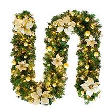 Julgirlang med ljus 2,7 m/9 fot julgran, cederträ, julgranskula, förupplysta girlanger för heminredning, jul, trappor, dörr, öppen spis, träd, trädgård, gård, inomhus utomhus juldekor (guld, 1 st)
