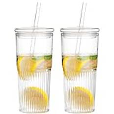 Glas Med Lock Och Sugrör - 2 Stycken 600 ml Drickkoppar För Hem, Kontor, Sovrum, Nattduksbord