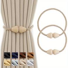 TEMU 2pcs Curtain Tiebacks Wooden Magnetic Curtain Tie Backs Boho Rope Curtain Holders For Drapes Handmade Window Curtain Holdbacks, Beige Home Decor