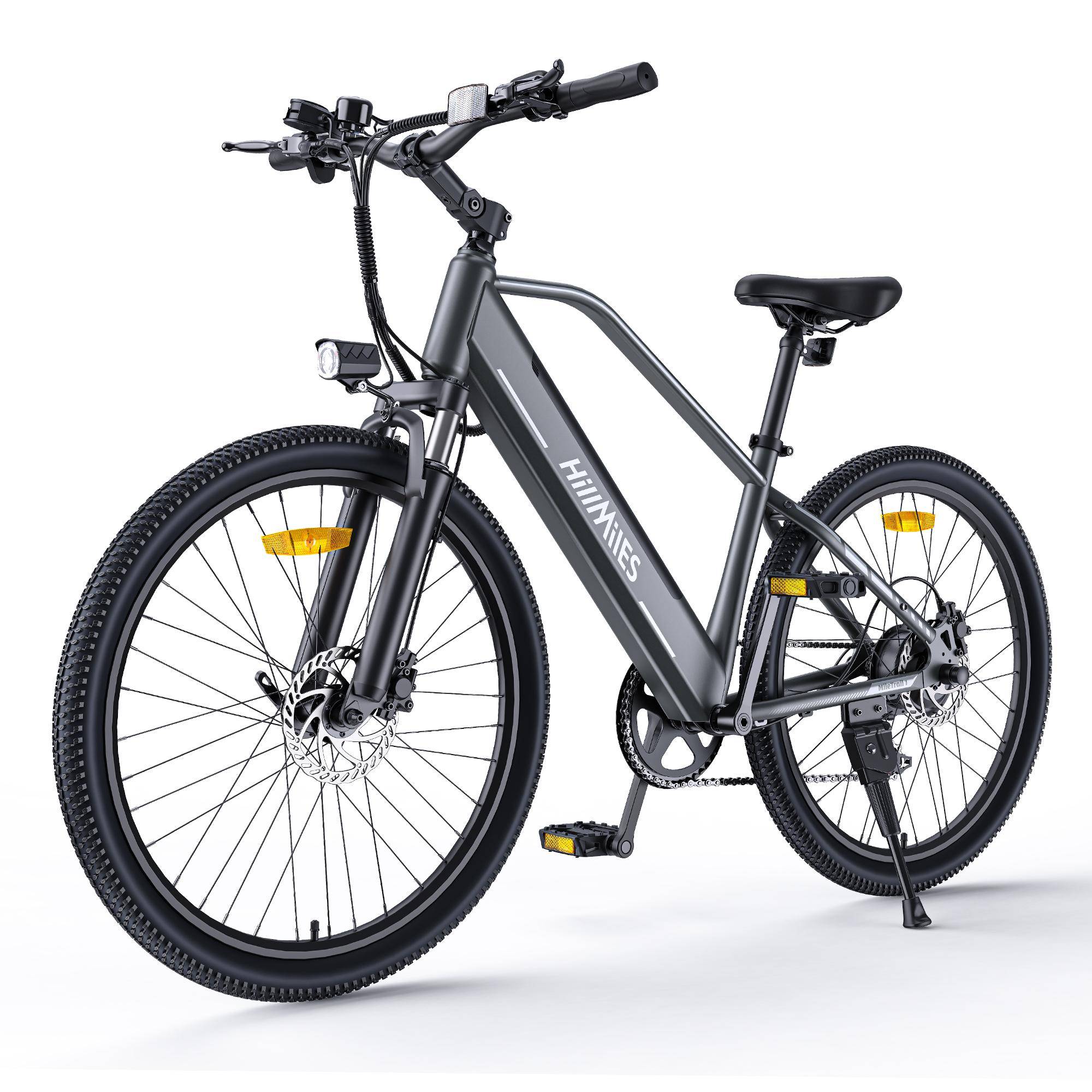 HillMiles Elcykel, 250W Motor, 36V 13Ah, 25 km/h Hastighet, 100 km Räckvidd, 26 x1.95  Däck, Perfekt för Äventyr och Bergstigar grå