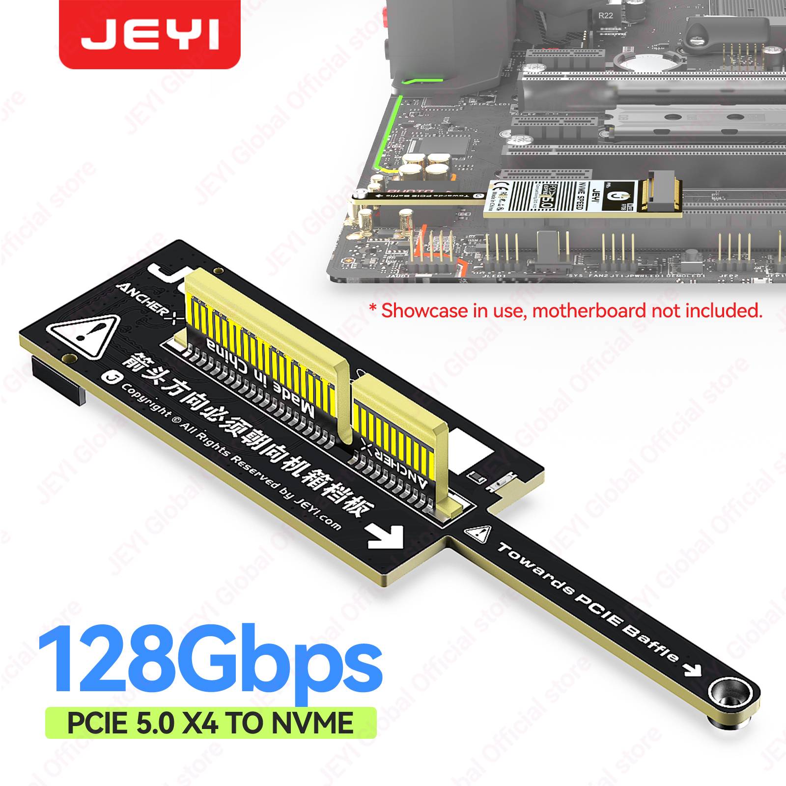 JEYI Flat PCIe 5.0 X4 to NVMe Adapter Card 128Gbps Compact Mini Design No GPU Obstruction for M.2 2280 NVMe SSD&PCIe X4/X8/ X16