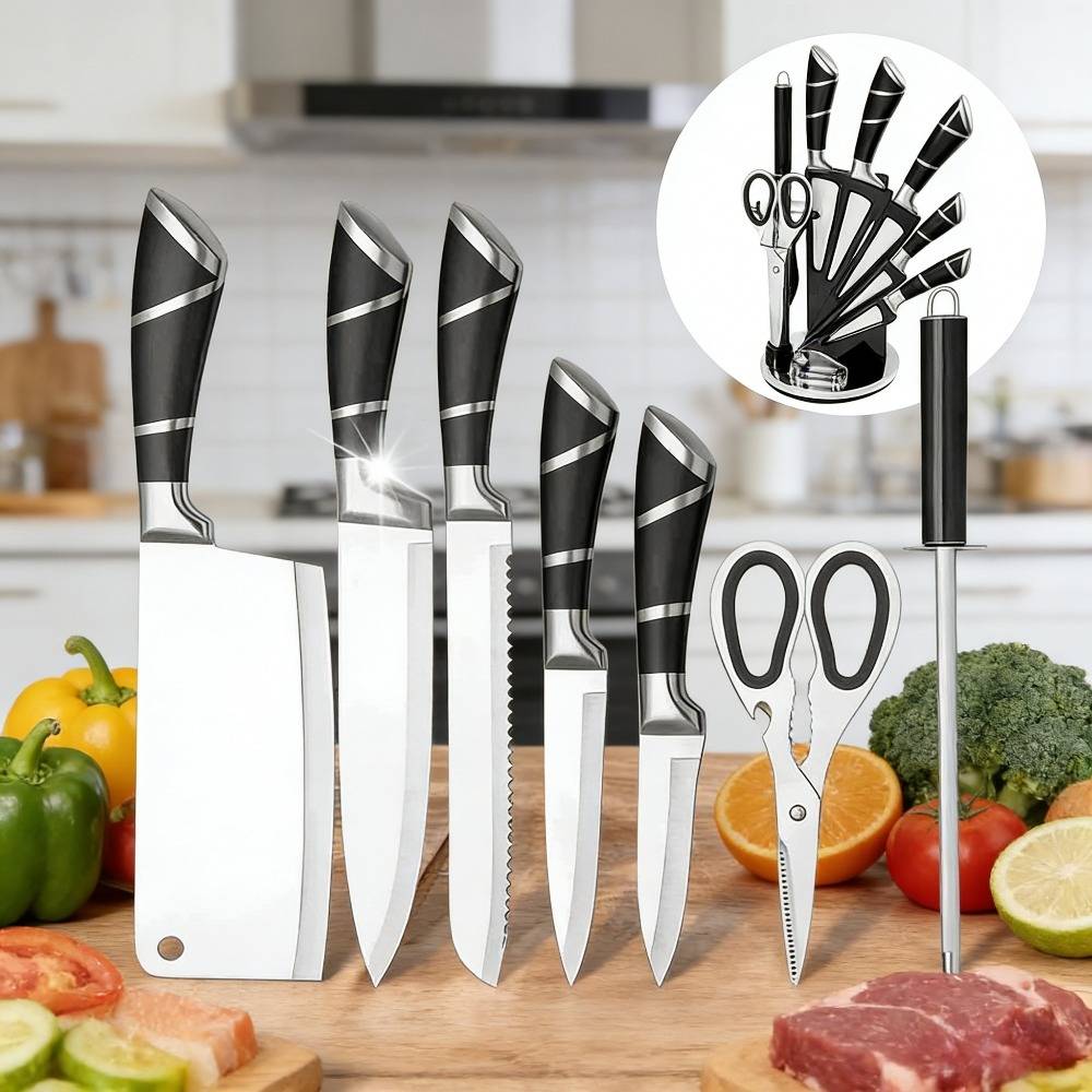 9-Piece Black Kitchen Knife Set Hollow Handle Stainless Steel Sharp Durable Rust Free Cooking Knives with Block for Home Gift