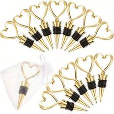 6 set (12 st) - (1 set = 1 vinpropp + 1 gasvävpåse) Hjärtformade vinproppar för bröllop, brudgåvor för gäster, hjärtformade vinproppar i plast med vit - Guld (6 set)