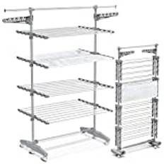 VOUNOT® 4 nivåer, hopfällbar tvättställning med hjul och nät med stor kapacitet, robust torkställ i rostfritt stål, hopfällbara vingar 28 m torkning för användning inomhus/utomhus