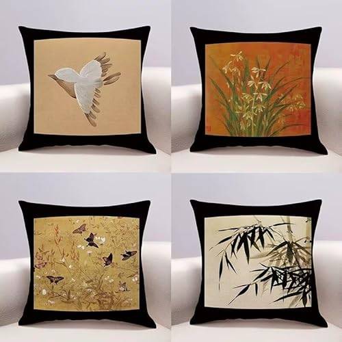 Kuddöverdrag 70 x 70 cm set med 4 moderna blommor och fåglar linne prydnadskudde fodral utomhus vattentäta kuddöverdrag 28 x 28 tum 4-pack för vår sommar trädgård vardagsrum soffa bondgård