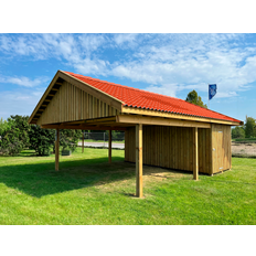 Carport cp02hxl rød dobbelt 6,0x9,9m med reskabsrum 5,1x4,2m høj rejsning