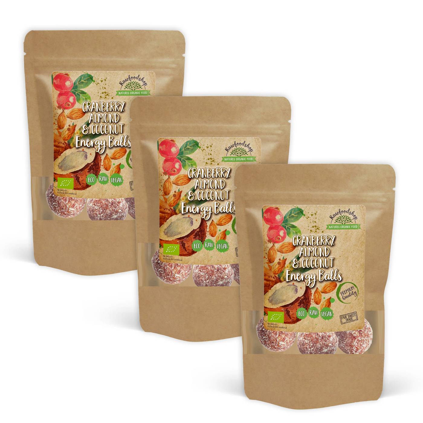 Tranbär Mandel Kokos Energibollar EKO 100g x 3 paket