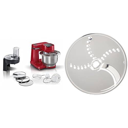 Bosch matberedare MUM Serie 2 MUMS2ER01, skål i rostfritt stål 3,8 L, knådningskrok, visp, rostfritt stål, radiatorer, 3 skivor, 700 W, röd & Bosch MUZ45PK1 Rivskiva, Rostfritt Stål, Silver