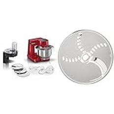 Bosch matberedare MUM Serie 2 MUMS2ER01, skål i rostfritt stål 3,8 L, knådningskrok, visp, rostfritt stål, radiatorer, 3 skivor, 700 W, röd & Bosch MUZ45PK1 Rivskiva, Rostfritt Stål, Silver