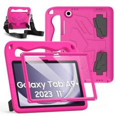 RollinCase barnfodral för Samsung Galaxy Tab A9 Plus 11 tum 2023 (SM-X210/X216/X218), med integrerat skärmskydd, barnhandtag och axelrem, magenta