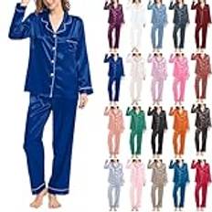 Dam satin pyjamas lång, pyjamas sexig pyjamas-set satin nattkläder med knappslå långärmad v-ringad sovskjorta sovbyxor silke sovkläder elegant loungewear fritidsoverall hemmadräkt, lila, M