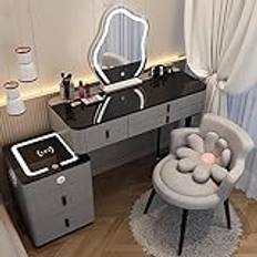 Sminkbord sminkbord med trådlös laddningsstation och Bluetooth-högtalare – LED-makeupspegel, vadderad pall – svart, 3 färger, justerbar