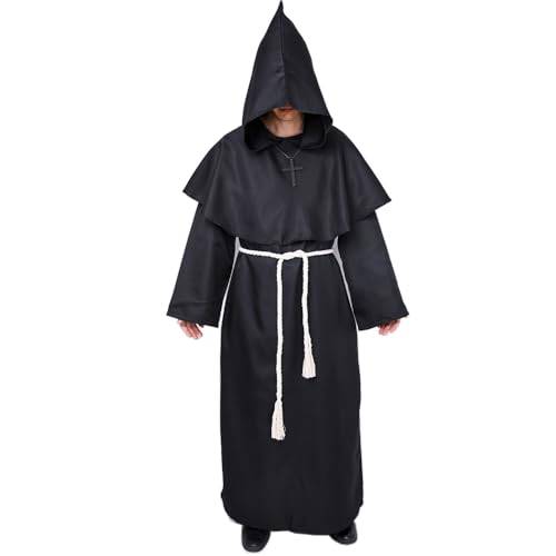 Munkdräkt, medeltida klostermunk med huva, renässans-präst, rock, utklädnad, halloween- och maskeraddräkt (XL, svart)