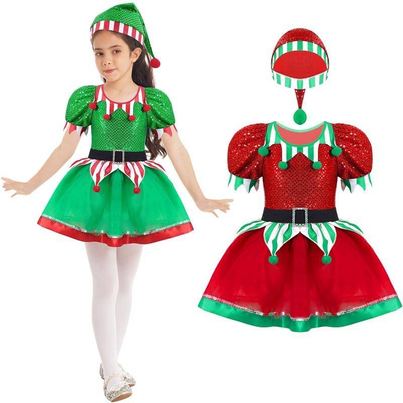Barn Flickor Jul Semester Outfit Tomtens Elf Cosplay Cosplay kostym Xmas Fancy Dress med hatt cm green