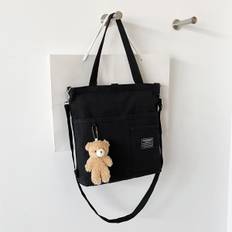 Letter Patch Shopper-väska med slumpmässig tecknad väska Charm skolväska för akademiker, tonårsflickor, nybörjare, sophomore, junior och senior på col - Svart (En-Storlek)