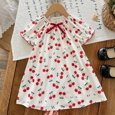 Dozemod Babyflicka Babyflicka Körsbärsmönster Rund Hals 3D Rosettdekor Puffärm Stickad Nattlinne, Sommar - Rött och Vitt (6-9M,9-12M,12-18M,18-24M,2-3Y)