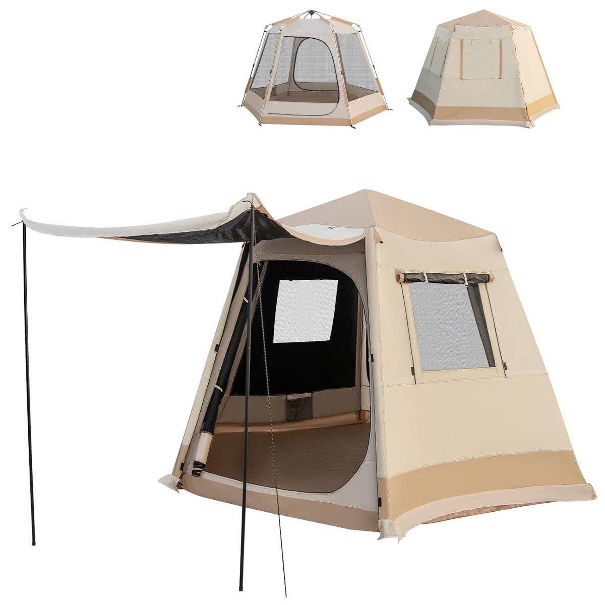 Pop-up campingtelt, 1 minuts opsætning, 4-6 personer, beige