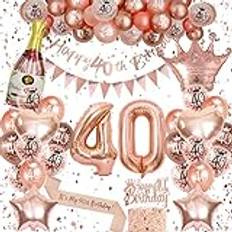 Roséguldballonger och dekoration för 40-årsdagen Födelsedag med Happy Birthday-banderoll och skärp