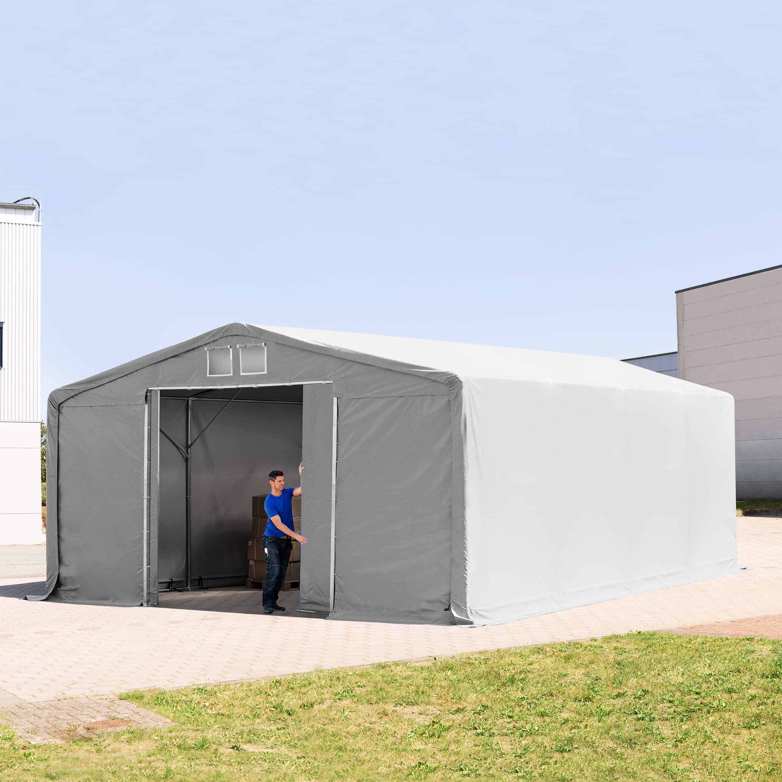 8 x 8 m tälthall - 3,0 m sidohöjd med skjutport, PVC grå, inkl. hållfasthet (underlag: betong) - (94214)