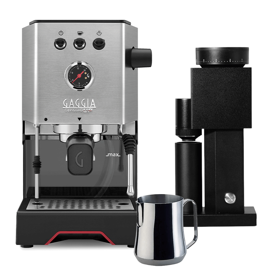 Gaggia Classic UP Stål Espressomaskine Inkl. Timemore Bricks Kværn 01S & Mælkekande 0,35L