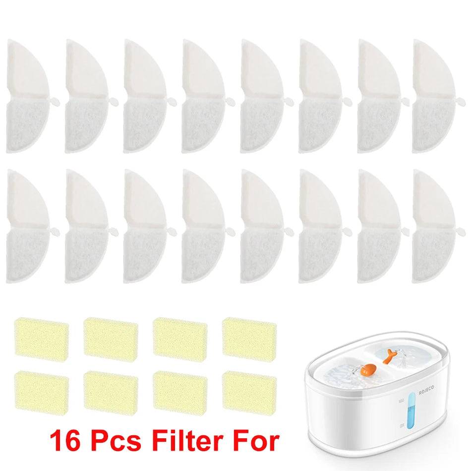 Cat Water Fountain Replacement Filters - 8 Pack Purifier Filters for Pet Water Fountains - 16Pcs Filters Set