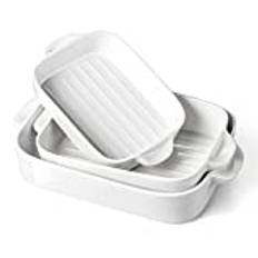 MALACASA Bake. Bake-serien, ugnsformar i set om 3 delar, hållbara bakformar av porslin, djup lasagnepanna, keramiskt bakformsset med handtag, vit (26/31/36 cm)