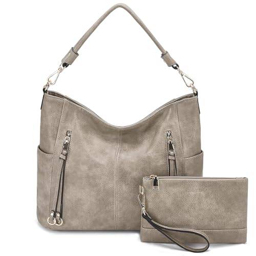 Chase Chic Handtasche Damen, Leder umhängetasche Shopper Hobo Taschen Geldbörse set Gross Schultertasche mit Abnehmbar Schulterriemen 2pcs Khaki