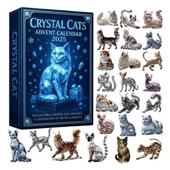 Fuskkristall Katt Adventskalender 2025 Samlarobjekt 2D Akryl Katt Hänge Set 24 Dagar Jul Nedräkning med 24 Olika Raser Kattunge Prydnader cm