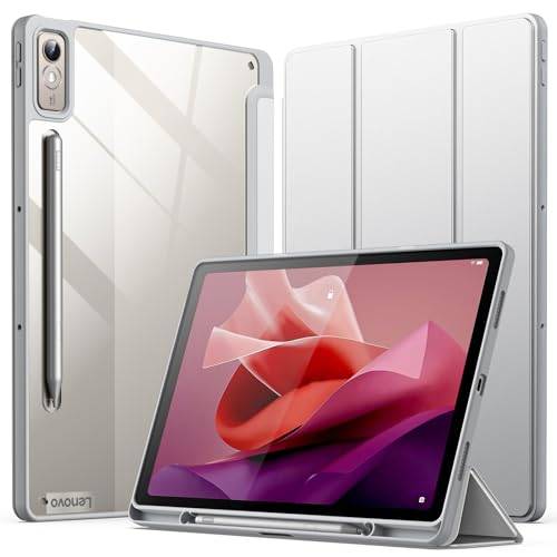 JETech Fodral för Lenovo Tab P12 12,7-Tum (2023 Modell, TB370FU / TB371FU) med Stylushållare, Klar Genomskinlig Hård PC-Baksida, Skyddande Tri-Fold Folio Stand Smal Tablett Case (Silver)