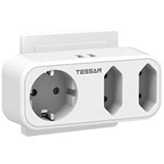 TESSAN Dubbelkontakt för Uttag, USB Uttag med 2 USB, 5 i 1 Uttagsadapter, Multipeluttag, 3 Vägs, Multipelkontakt för Uttag med USB Laddare